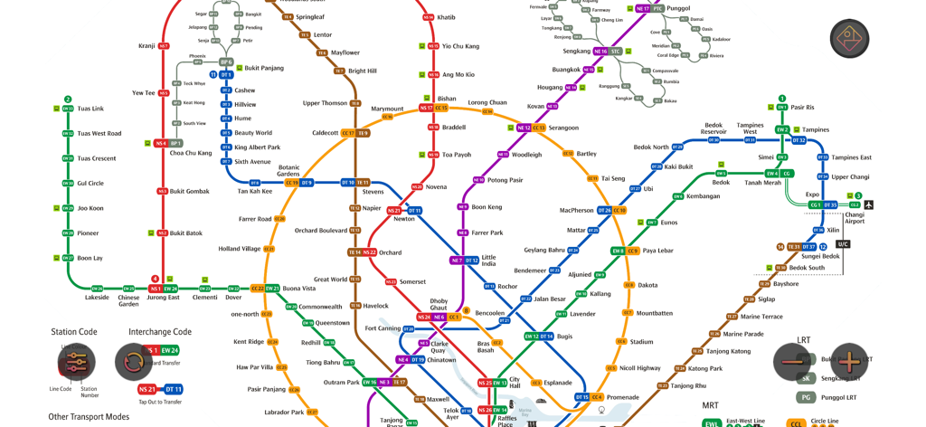 Singapore MRT Map Route 新加坡地铁 - Un mapa completo del sistema de metro MRT de Singapur que muestra todas las líneas de tránsito codificadas por colores y los nombres de las estaciones.
