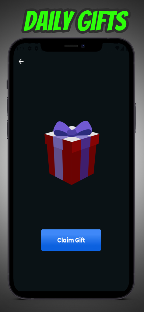 Pantalla de la aplicación móvil para Robux Trade que muestra una caja de regalo roja y un botón de reclamar regalo para premios diarios.