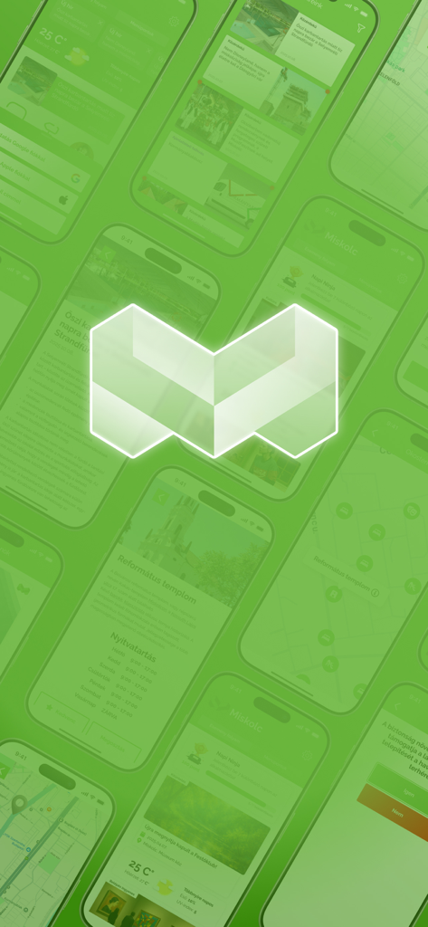 MiMi - MiMi Miskolc smart city app glowing white logo on a green background of mobile application interface screens