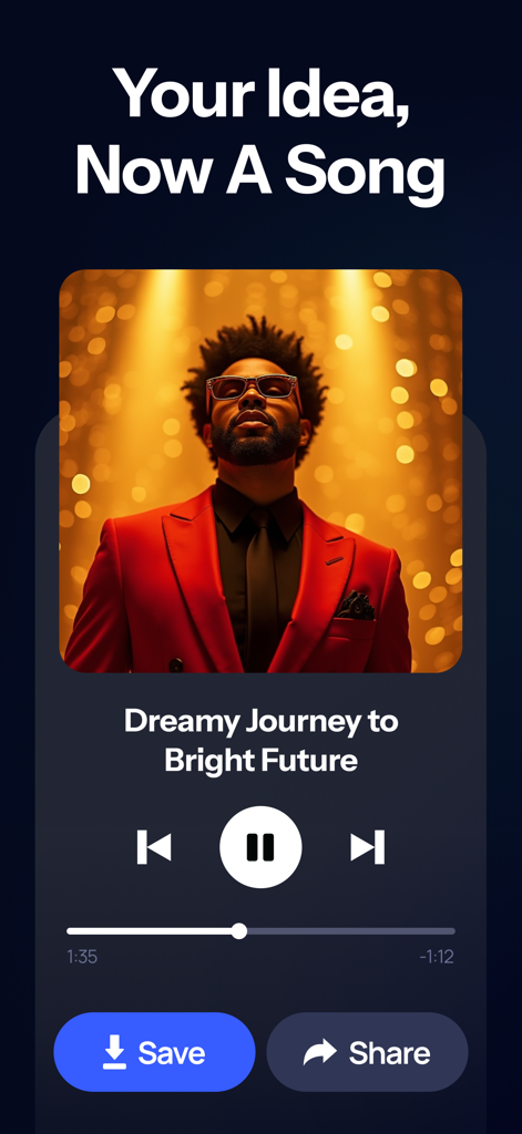 AI Song Maker·Music Generator - Music player interface in the AI Song Maker app showing a generated song with save and share buttons.