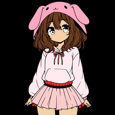 pretty anime girl wearing a fluffy hoodie with bunny ears on the hood and a skirt