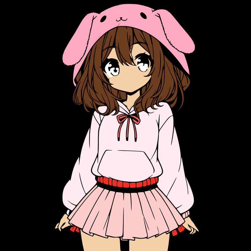 pretty anime girl wearing a fluffy hoodie with bunny ears on the hood and a skirt