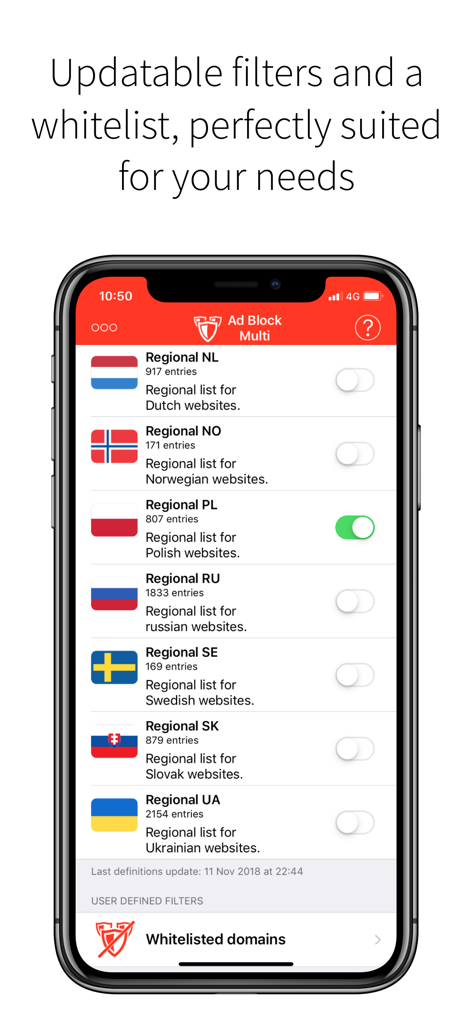 Ad Block Multi app showing regional filter lists and a whitelisted domains setting