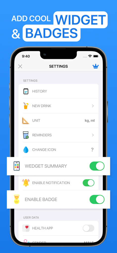 Water Now: Daily Drink Tracker - Settings menu of the Water Now hydration tracker showing widget and badge options.