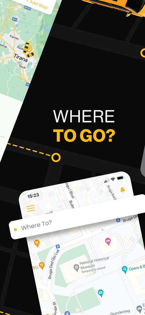 Speed Taxi Albania - Interface of the Speed Taxi Albania app showing a map of Tirana with a destination search bar
