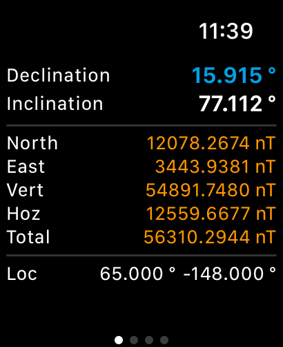 WMM 2025 - Interfaz de WMM 2025 mostrando datos de declinación, inclinación y densidad de flujo magnético para una ubicación específica