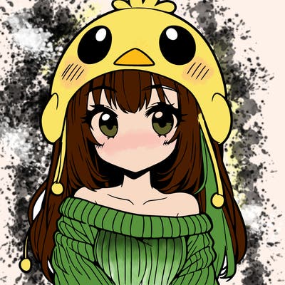 anime girl with chick shaped hat with sweater with bare shoulders with bangs covering them one eye with low tail