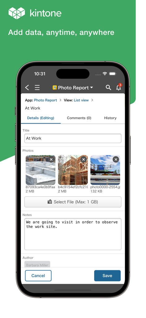 Interface do aplicativo móvel kintone mostrando um relatório fotográfico de canteiro de obras com imagens carregadas e notas de campo.