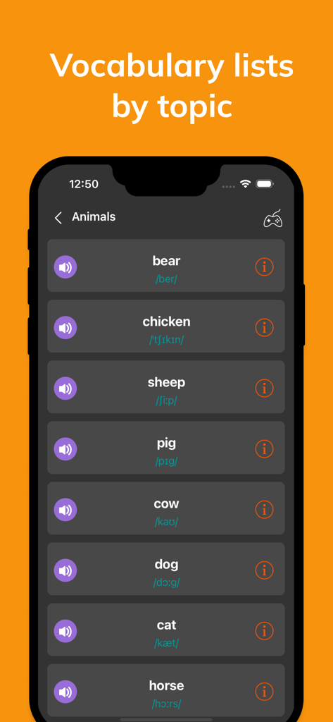 3000 Core English Vocabulary - Interface showing an animal vocabulary list with phonetic transcriptions and audio icons in the 3000 Core English Vocabulary app