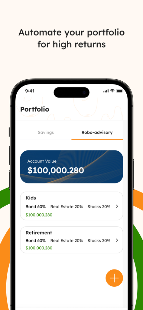 Pantalla de cartera de robo asesoramiento de la aplicación Ladda que muestra el valor de la cuenta y categorías de inversión automatizadas para niños y jubilación