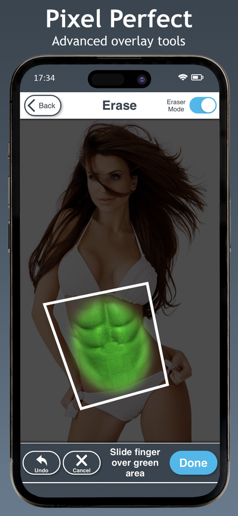Interface of the Abs Editor app showing a six-pack muscle overlay being adjusted on a photo of a woman in a bikini