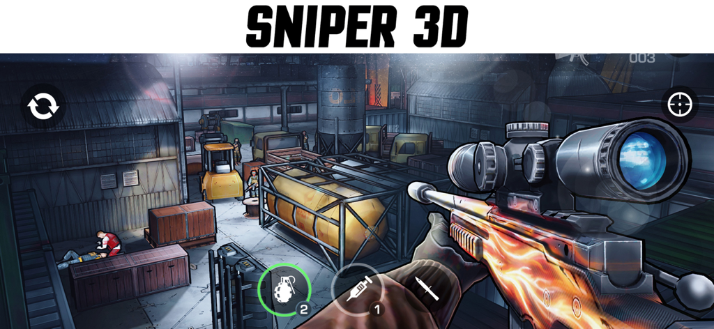 Gun 2 Shooting Game : FPS - Vista em primeira pessoa de um rifle de precisão com uma skin de fogo no cenário industrial do jogo móvel Major Gun