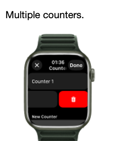 Tally Watch: Simple Tally - Apple Watch screen showing multiple counters and a button to add a new one in the Tally Watch app.