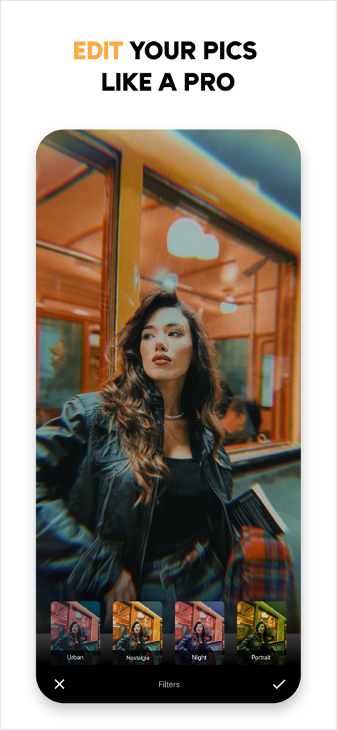 Photo Editor Effects + Filters - Mobile app interface showing trendy urban and nostalgia filters for photo editing