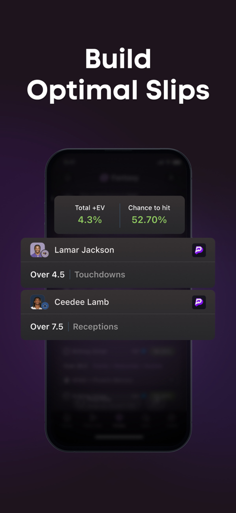 OddsJam: Sharp Sports Betting - オッズジャムモバイルアプリのインターフェース、プレイヤープロップと期待値統計を含むファンタジーベッティングオプティマイザーを表示