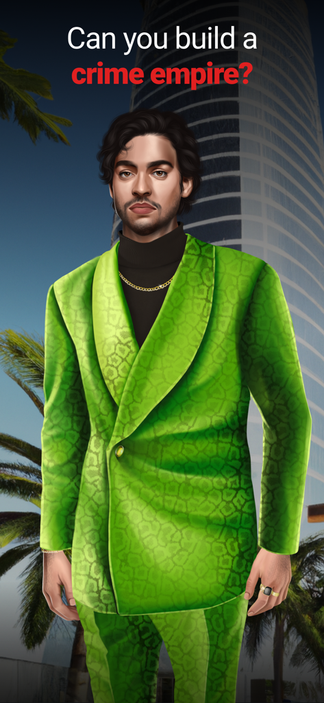 A stylish crime boss in a green leopard-print suit standing in front of a skyscraper
