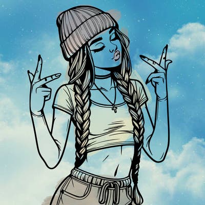 realistic teenage girl with braids and a beanie and crop top doing 🫶🏼
