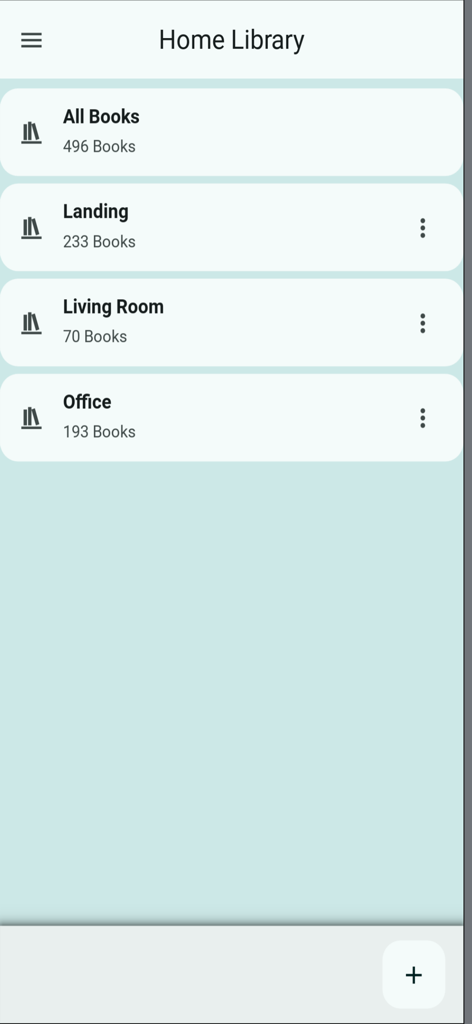 Main screen of the Home Library Catalog app showing books organized by room locations