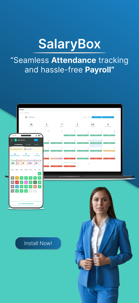 SalaryBox app dashboard for attendance tracking and payroll management shown on laptop and mobile.