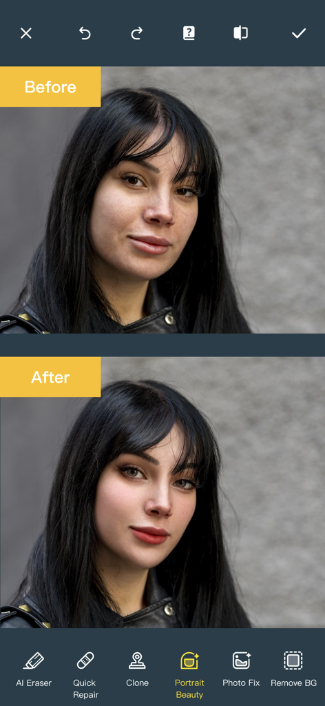 Comparación de antes y después del retoque de retratos utilizando funciones de belleza con IA en la aplicación