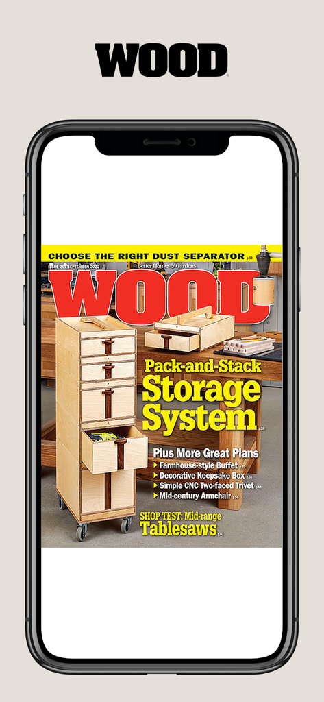 Digital cover of Wood Magazine showing a woodworking project for a pack and stack storage system on a smartphone