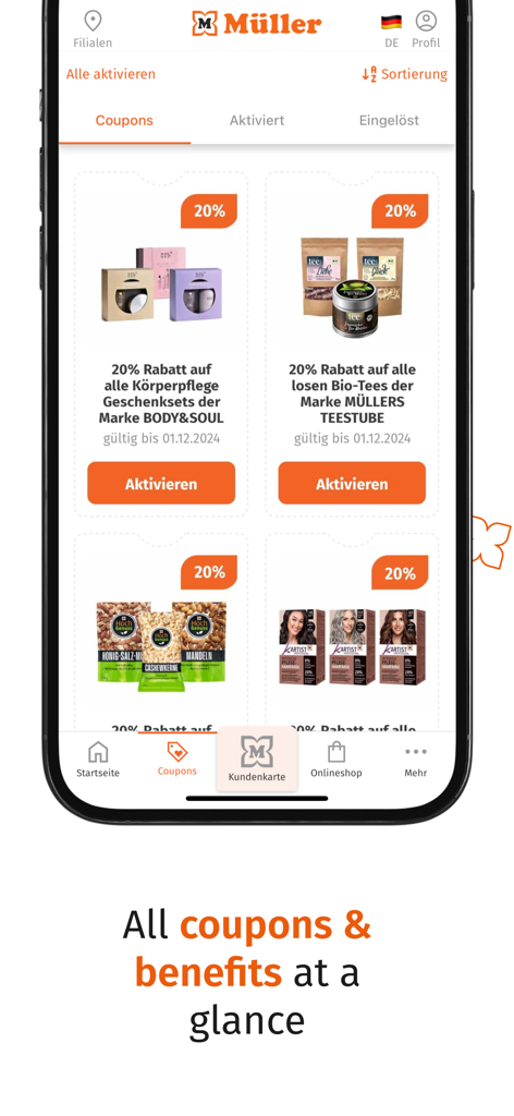 Müller - Muellerアプリのインターフェースに、家庭用品の20パーセント割引クーポンが各種表示されています。