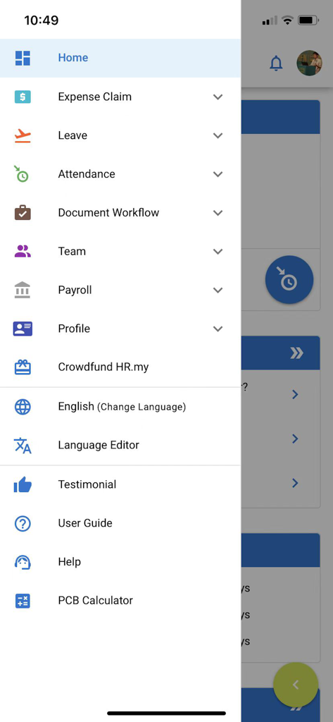 HR.my Mobile - Side navigation menu of the HR.my Mobile app listing HR and payroll features