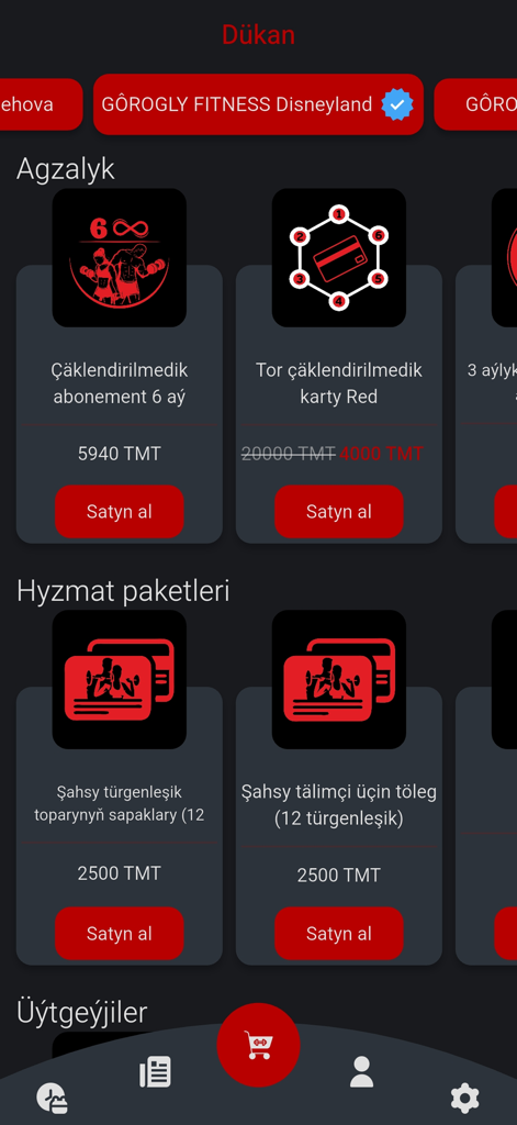 Interface do aplicativo Gorogly Fitness mostrando opções de assinatura de academia e pacotes de serviços para compra.