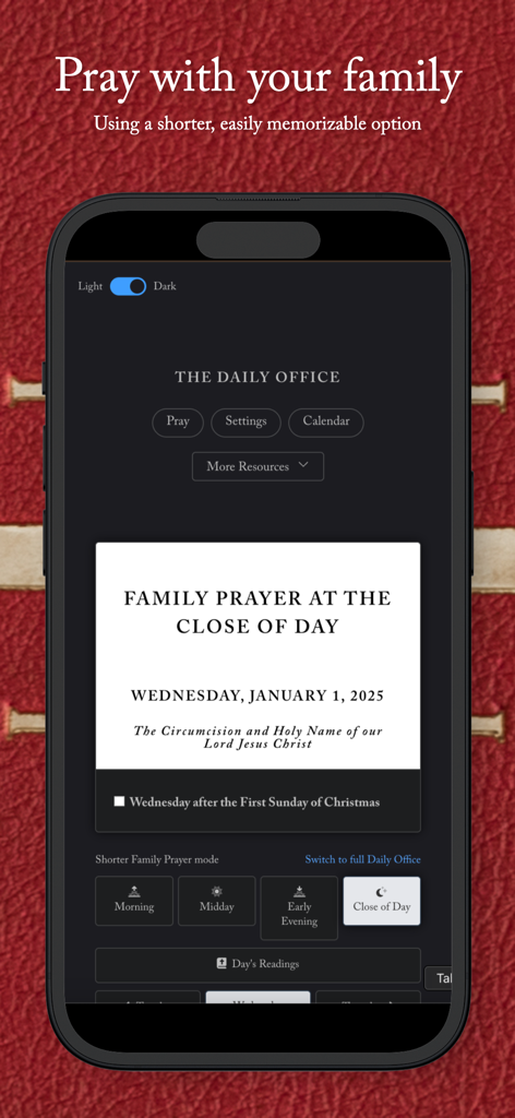 The Daily Office app showing the family prayer at the close of day interface in dark mode