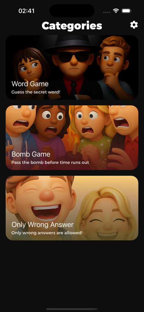 Categories selection screen in the Fakeit app showing Word Game, Bomb Game, and Only Wrong Answer modes with illustrated characters.