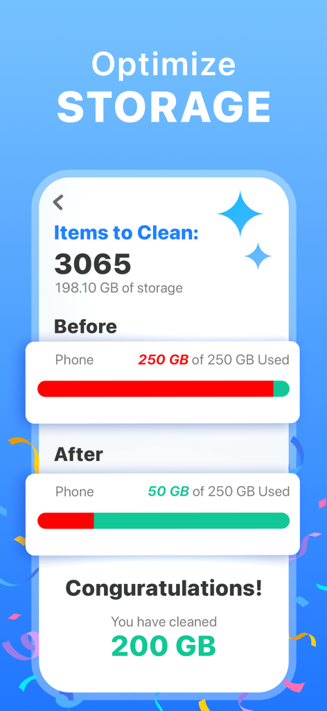 Duplicate Photos Cleaner AI - Una pantalla de comparación que muestra 200 GB de espacio de almacenamiento del teléfono liberado por la aplicación de limpieza