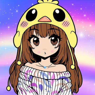anime girl with chick shaped hat with sweater with bare shoulders with bangs covering them one eye with low tail