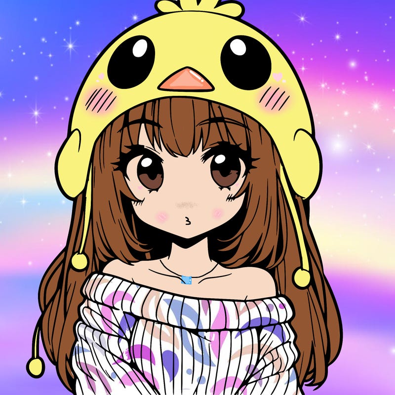 anime girl with chick shaped hat with sweater with bare shoulders with bangs covering them one eye with low tail