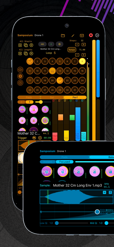 Samposium: Performance Sampler - Interface of Samposium performance sampler app showing a 32 step sequencer and audio waveform editing on a smartphone screen