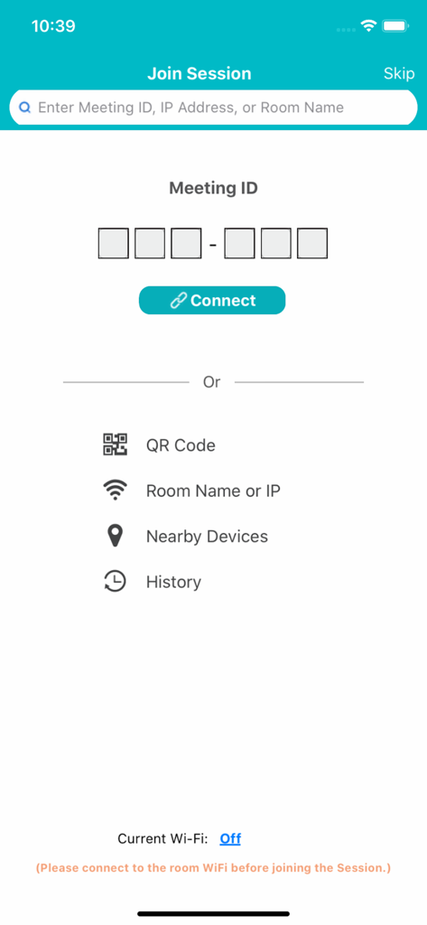 Écran de connexion à une session de l'application NovoConnect avec saisie de l'ID de réunion et options de code QR.