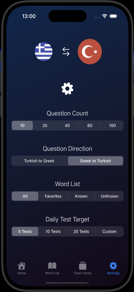 Luna Greek Turkish Verbs Test - Pantalla de configuración de la aplicación Luna Griego Turco Verbos mostrando opciones de personalización para el número de preguntas y la dirección del test