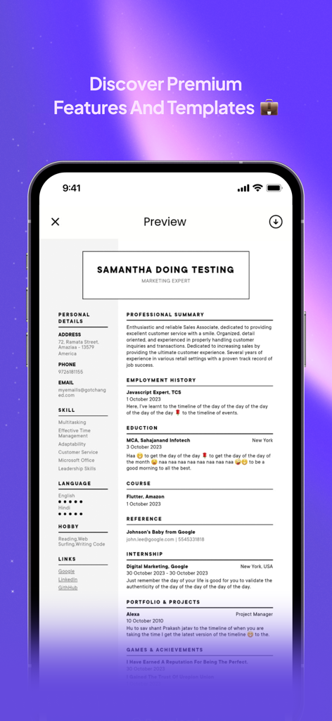 Smartphone screen displaying a professional marketing resume template with a clean minimalist design