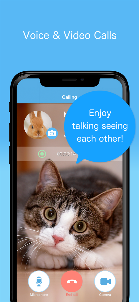 SkyPhone - Voice & Video Calls - Interface of the SkyPhone app showing a high quality video call with simple controls and animal profile pictures