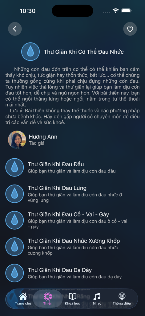 Interface of the Thien Duong Dai app displaying a list of Vietnamese guided meditations for physical relaxation and pain relief