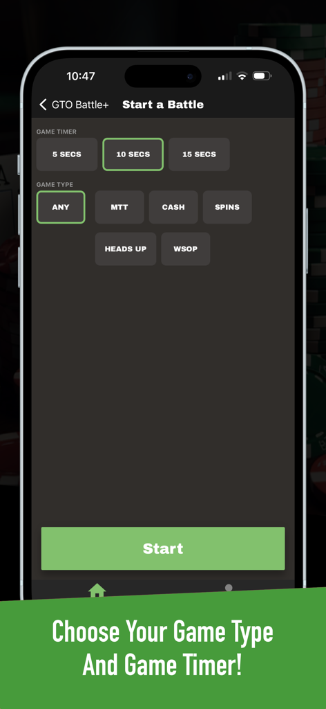 GTO Battle+ : Poker Puzzles! - Una pantalla de configuración en la aplicación de póker GTO Battle para elegir el tipo de juego y la configuración del temporizador