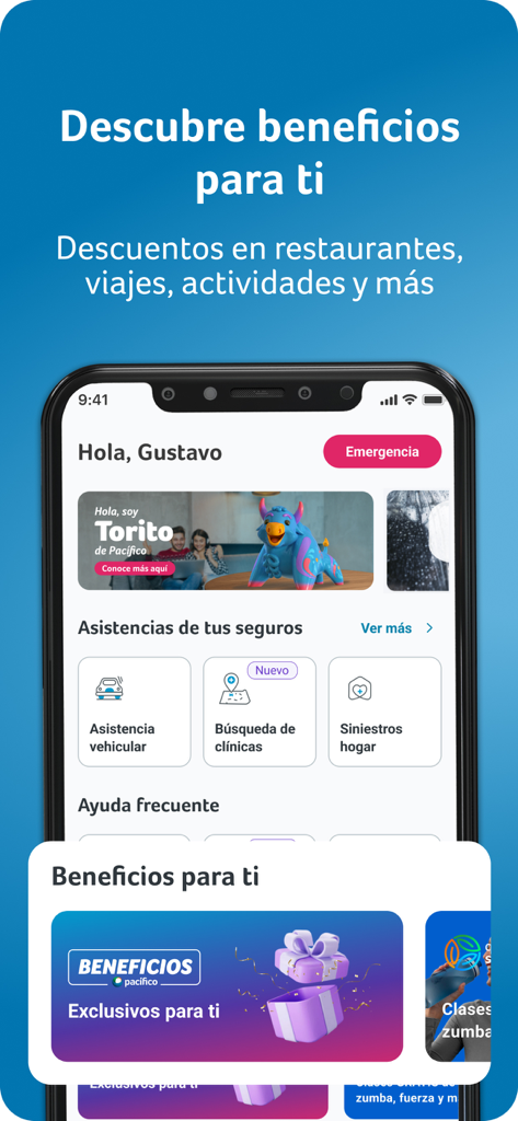 Mi Espacio Pacífico - Dashboard of Mi Espacio Pacifico app showing insurance assistance options and exclusive user benefits