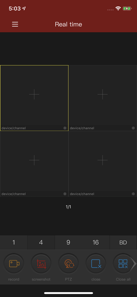 FREEIP - Interfaccia dell'app FREEIP per il monitoraggio di telecamere di sicurezza in tempo reale con visualizzazione a griglia multi-canale