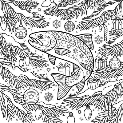 Dive into a unique holiday adventure with this intricate coloring page featuring a detailed trout amidst a vibrant Christmas scene. Designed specifically for teens, it offers a challenging and rewarding creative escape.