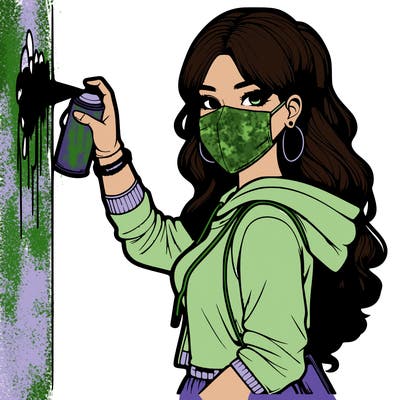 realistic girl with mask spray painting a wall
