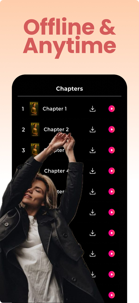 Spicy AI: Spicy Audio Stories - Interface of the Spicy AI app showing a list of downloadable audio story chapters for offline listening