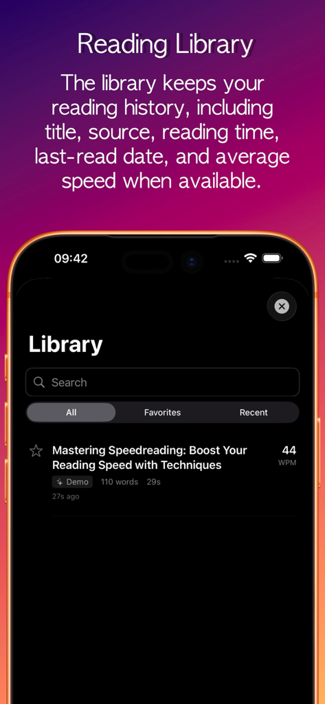 Speed Reader! - The library view of the Speed Reader app displaying reading history and words per minute speed stats.