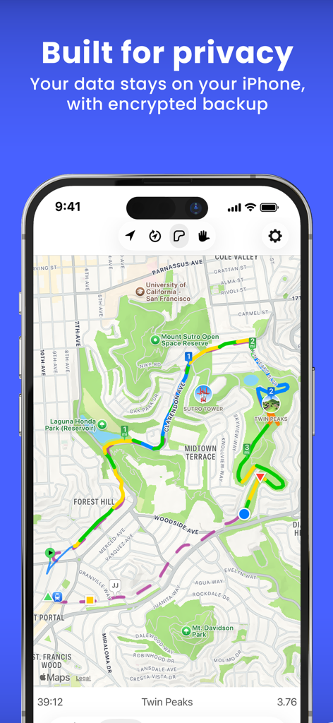 5K Runmeter Run Walk Training - iPhone screen showing 5K Runmeter app with a color coded run route map and a privacy message.