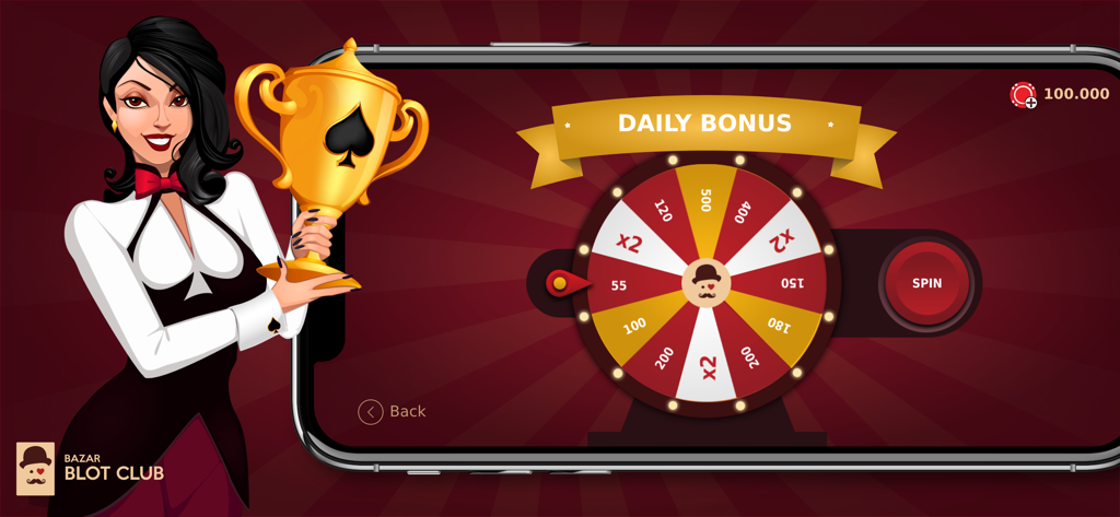 Bazar Blot Club - Daily bonus lucky wheel screen in the Bazar Blot Club card game app