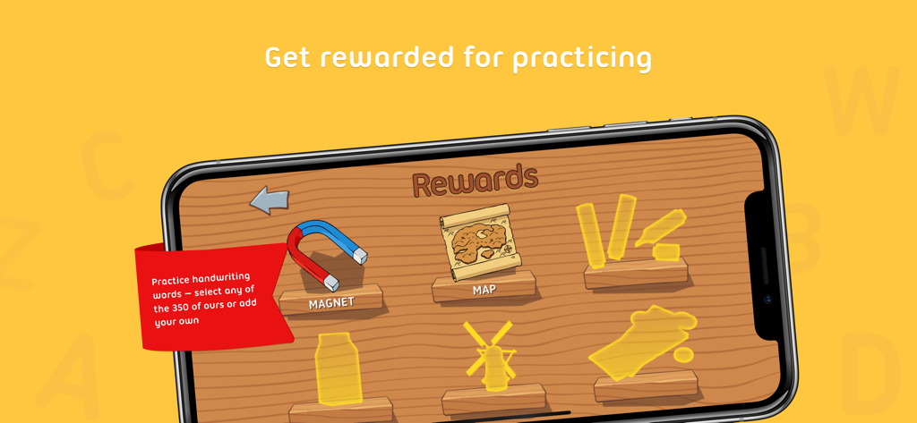 iTrace (handwriting for kids) - The rewards section of the iTrace app showing earned prizes like a magnet and map for practicing handwriting