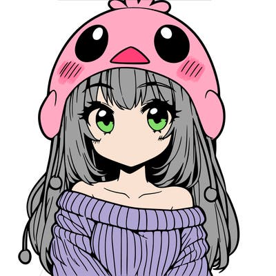 anime girl with chick shaped hat with sweater with bare shoulders with bangs covering them one eye with low tail